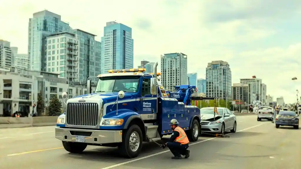 Tow Truck Calgary WreckMaster certified operator towing a car safely on a city road.