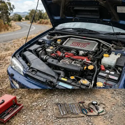 Car broken down with hood open needing roadside assistance in Calgary