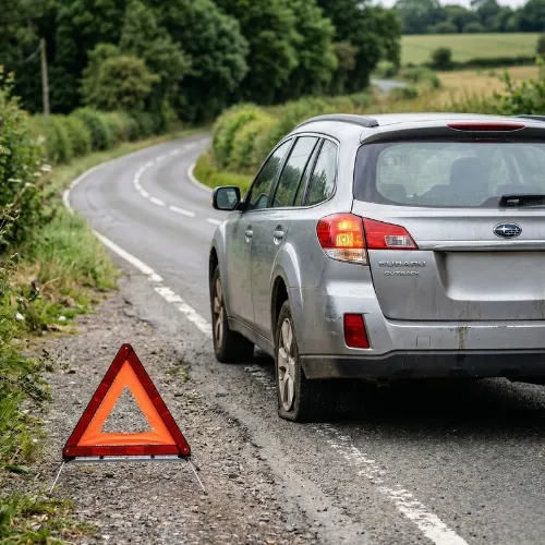 Silver SUV broken down on roadside with warning triangle in Calgary