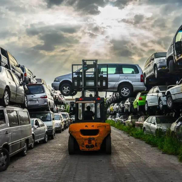Forklift lifting junk car in scrap yard for junk car removal service Tow Truck Calgary.