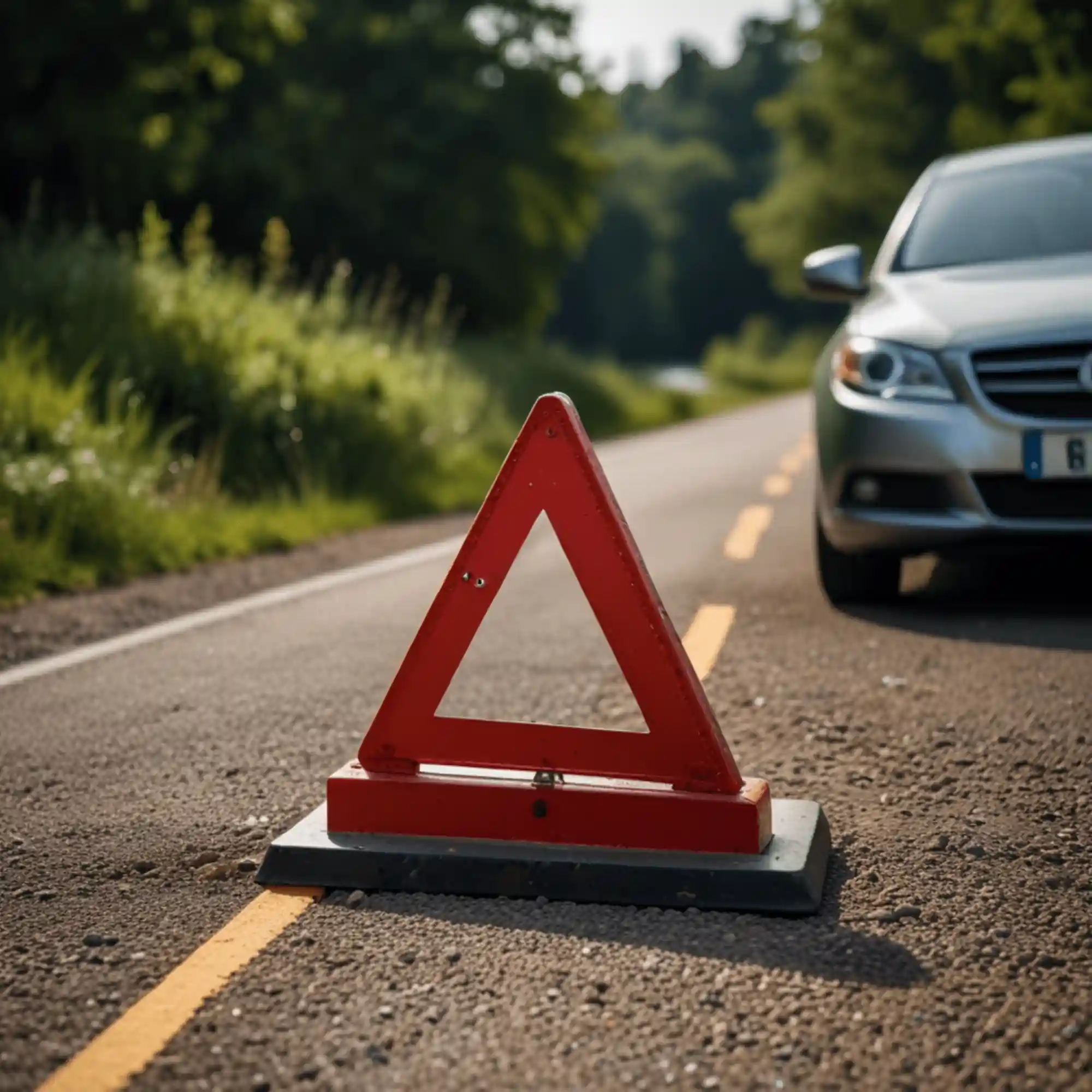 Red emergency warning triangle placed on road beside stranded car in Chestermere Calgary.